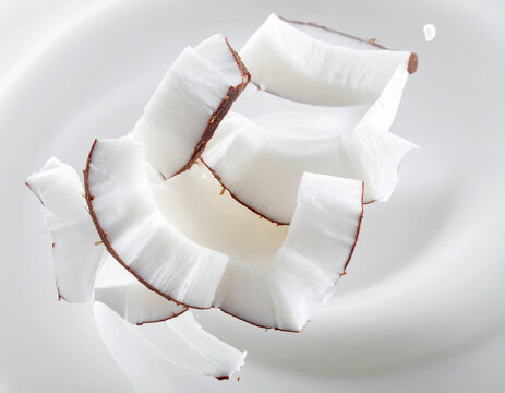 Creamy coconut yogurt with falling flakes in macro view
