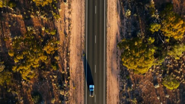 A white car driving along a road in the middle of the Australian bush, filmed vertically with a drone.