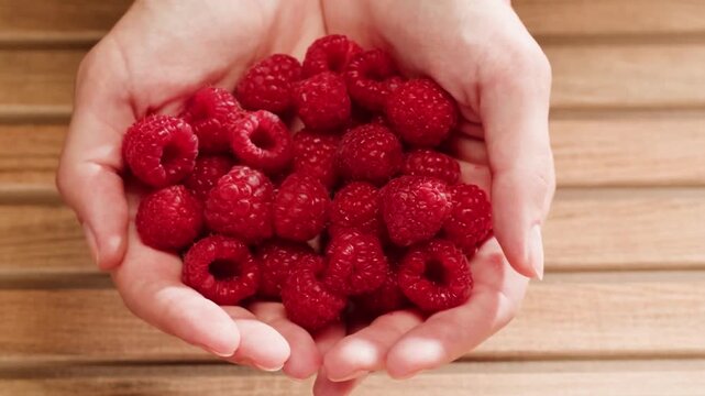 Person holding fresh organic red raspberries in hands over wooden table view