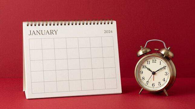 Blank monthly calendar page with analog alarm clock on red studio background for planning and scheduling