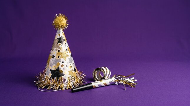 Decorative party hat with gold confetti and yellow flower beside silver party noisemaker on purple background
