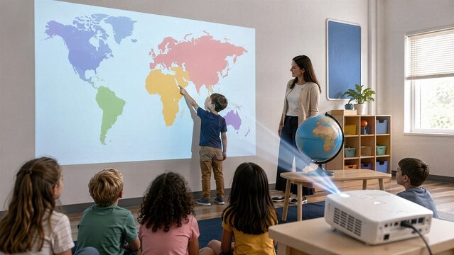 Students compare wall projection with globe during geography lesson, creating broad education image around maps, world learning and interactive classroom technology at school with projector.
