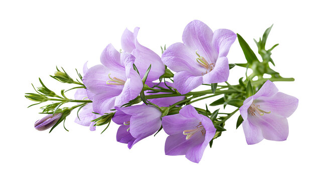 Delicate purple bellflower campanula blossoms with green stems and leaves