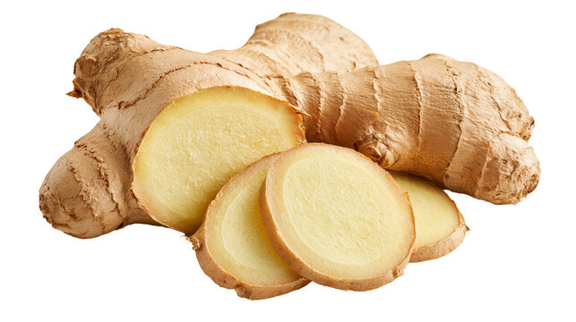 Fresh raw ginger root with sliced pieces showing fibrous texture