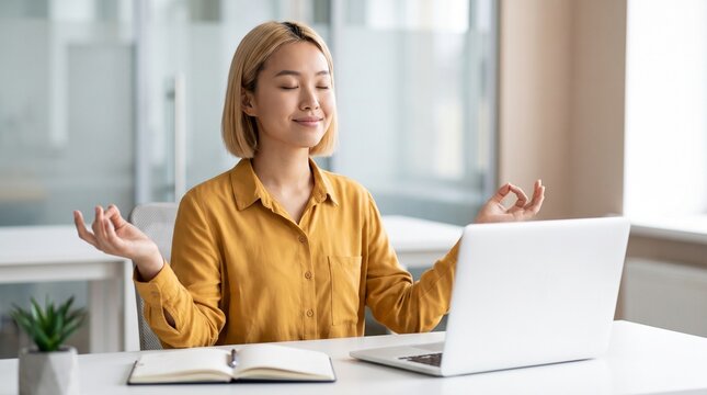 Woman meditating with eyes closed at office desk.