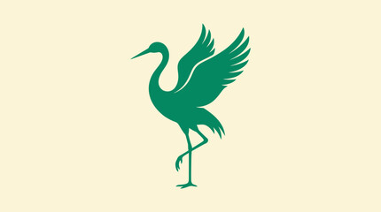 Fototapeta premium Minimalist green crane bird silhouette icon isolated on a light beige background.