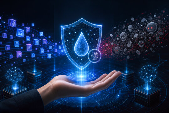 Synthetic Data Integrity Watermarking cryptographic watermarking to prevent recursive model corruption from web scraped AI data futuristic protection shield hand presenting concept