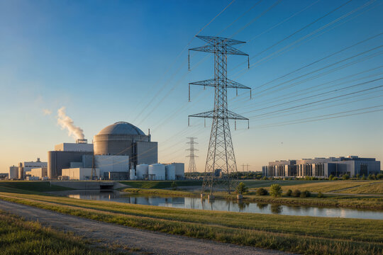 Refurbished nuclear reactor powering AI datacenter campus with high voltage transmission lines clean energy infrastructure at golden hour reliable power for artificial intelligence