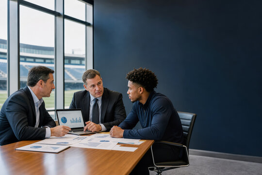 College athletic director finance executive meeting with student athlete reviewing revenue sharing chart and compensation plan in university office for sports finance reform and NIL policy