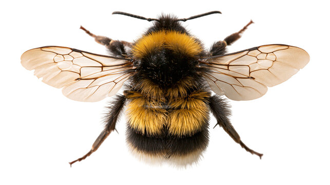 Fuzzy yellow and black bumblebee with spread wings seen from above