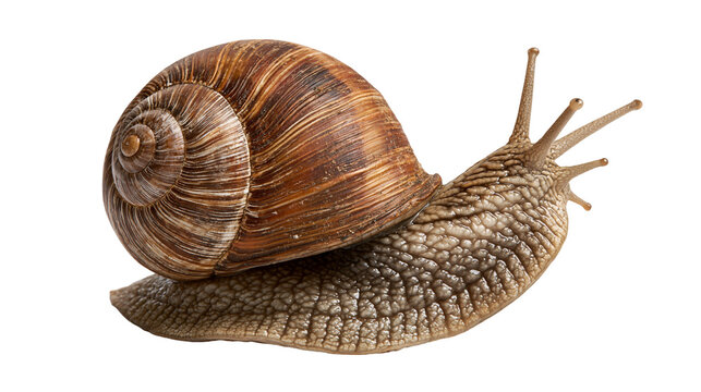 Brown garden snail with spiral shell and textured skin