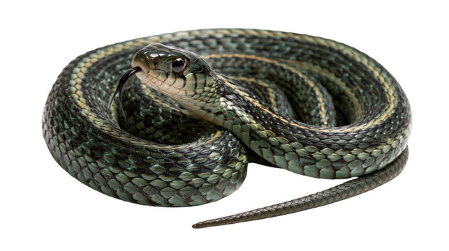 Coiled common garter snake with dark green scales and yellow stripes