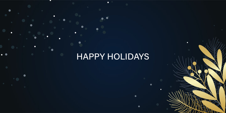 Happy Holidays elegant banner, luxury dark blue background with gold leaves pine.