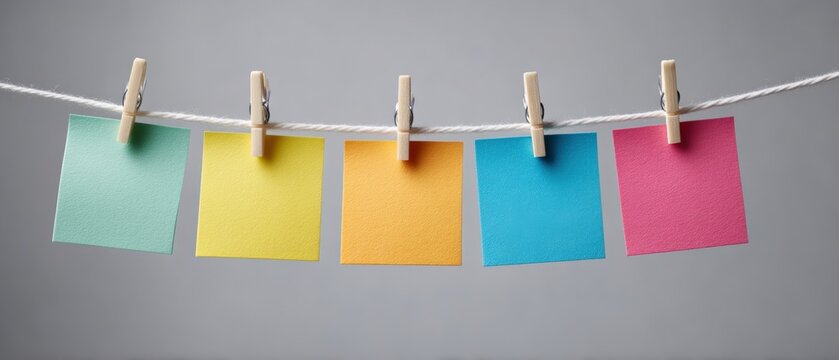 Vibrant sticky notes displayed on a clothesline featuring bright shades of blue pink yellow green and orange set against a simple background perfect for creative organization and brainstorming ideas
