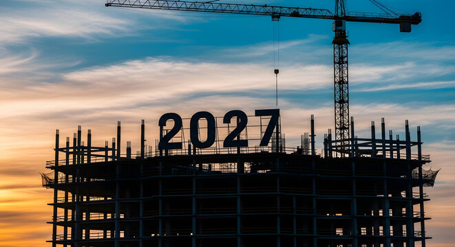 A silhouette of a large construction site featuring the year 2027 displayed on top of a building frame during a beautiful golden hour sunset sky