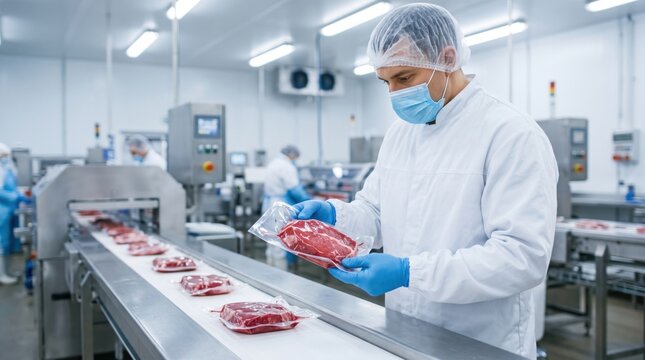 Masked worker checks vacuum seal on packaged meat moving along chilled conveyor, showing food safety, quality control and hygienic processing in modern factory environment.