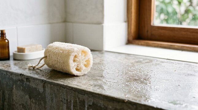 Organic loofah sponge resting on wet concrete bathroom ledge with natural light and water droplets