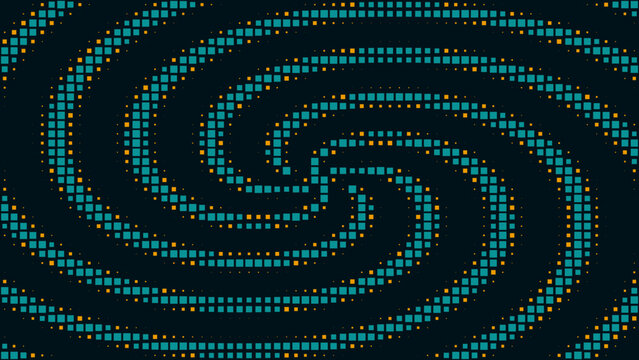 Abstract dark blue background, with a swirling, vortex pattern of, small teal and, orange squares arranged, in a circular, halftone spiral formation