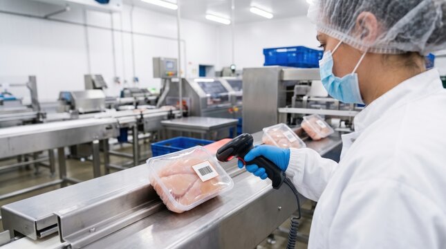 Food factory employee checks chicken package traceability with handheld scanner, highlighting digital tracking, quality assurance and organized production systems.