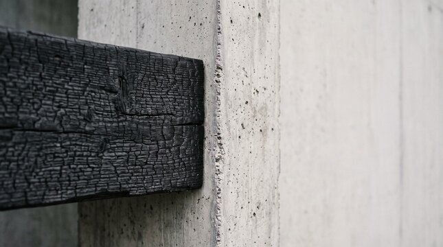 Close-up of charred wood shou sugi ban texture meeting a raw concrete edge