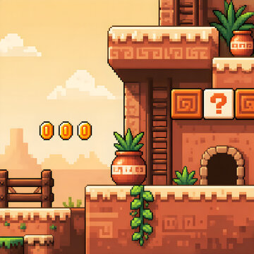 A colorful 8-bit pixel art platformer video game level with ancient ruins and collectible coins.