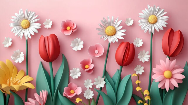 Paper cut flowers daisies and tulips on blue background