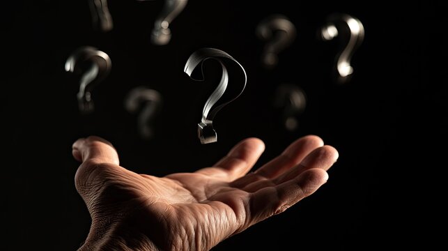 Hand Reaching Upwards Towards Floating Question Marks Symbolizing Uncertainty.