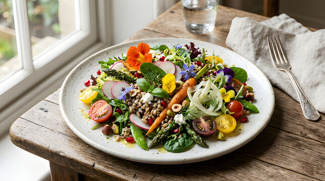 Health-conscious professional plating a vibrant grilled meat and vegetable salad on a white plate with copy space