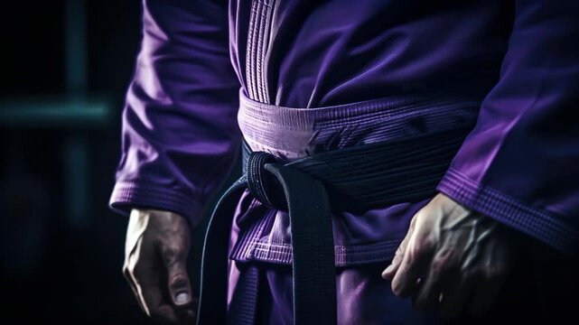 Close-up of Martial Artist with Black Belt and Purple Gi