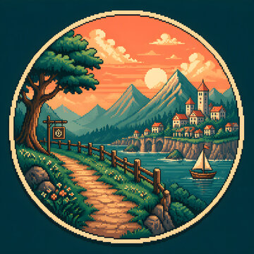 A circular pixel art landscape featuring a scenic path, a coastal village, and mountains at sunset.