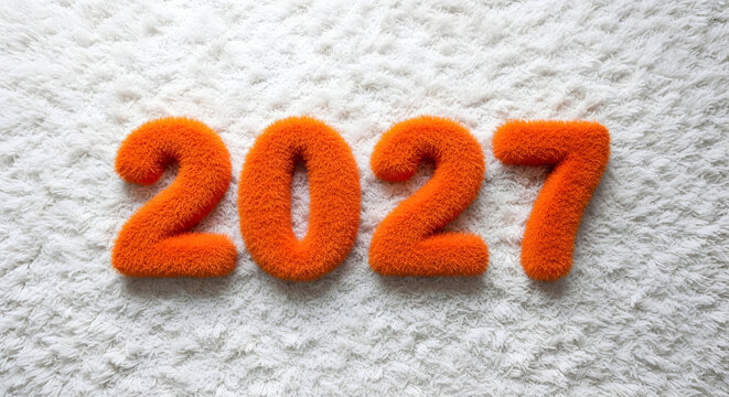 A vibrant orange three dimensional number 2027 isolated on a textured white background representing the upcoming future year for creative design projects and holiday celebrations