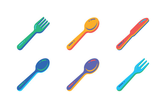 Silverware Kitchen Cutlery, bright flat vector icon set featuring fork, spoon, table knife, teaspoon, serving spoon, dessert fork, covering cutlery, kitchen tableware, restaurant service, dining, food