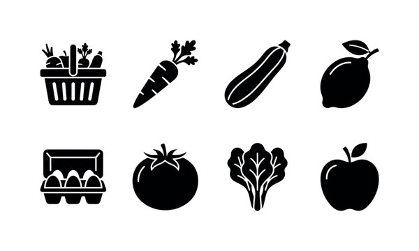 Healthy Grocery Basket, solid glyph icon set featuring grocery basket, carrot, zucchini, lemon, eggs, tomato, leafy greens, apple, covering grocery shopping, healthy food, fresh produce, natural