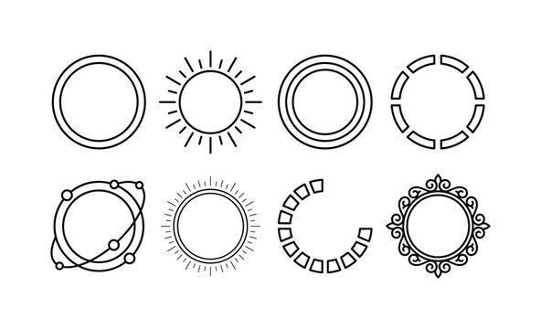 Circular Light Borders, line icon set featuring circle border, glowing-ring terminology without glow, double ring, segmented circle, orbit ring, halo outline, loading circle, decorative frame,