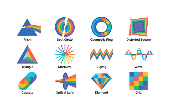 Dispersion Geometry Pack, bright flat vector icon set featuring prism, split circle, geometric ring, distorted square, triangle, starburst, zigzag, wave, capsule, optical lens, diamond and grid,