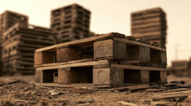 Abandoned Wooden Pallets Stacked in a Dusty Yard.