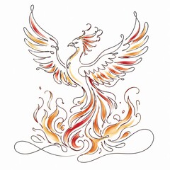 Fototapeta premium Majestic phoenix rising gracefully from elegant flames, illustrated using one continuous flowing line forming wings, tail feathers, and fiery motion, with crimson and golden accents.