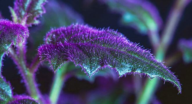 Plant leaf of purple gynura covered in fine velvet hairs under vivid retro lighting for exotic botanical flora