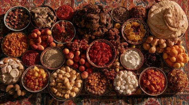 A grand dastarkhan prepared for a wedding, overflowing with meats, fruits, breads, and sweets