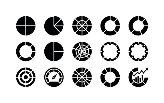 Segmented Circle Diagrams, solid glyph icon set featuring divided circle, pie chart, radial segments, donut chart, percentage ring shape, comparison wheel, infographic disc, circular timeline, target