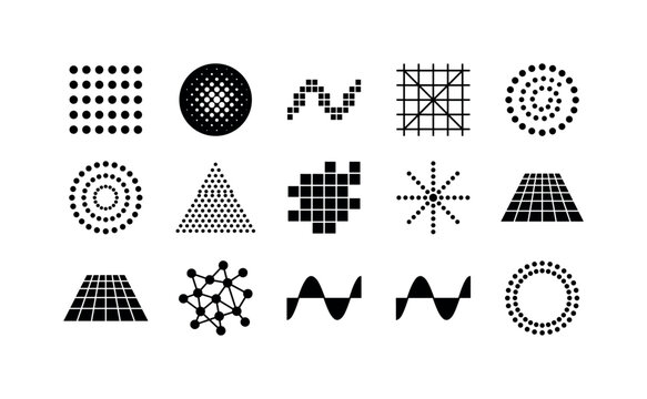 Digital Halftone Geometry, solid glyph icon set featuring dot matrix, halftone circle, pixel wave, geometric grid, spiral dots, triangular dot field, square mosaic, radial points, perspective grid,