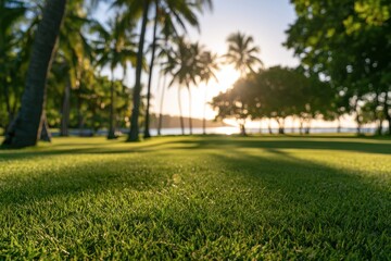 Obraz premium Green park by the beach with tropical palm trees and dreamy bokeh background