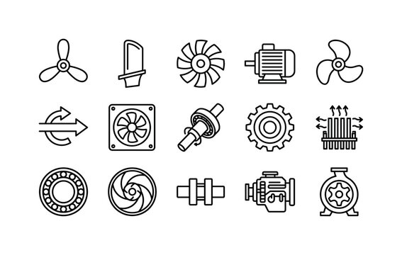 Industrial Propeller Rotor Icons, line icon set featuring propeller, turbine blade, fan rotor, motor, boat screw, airflow arrow, ventilation fan, shaft, gear and cooler symbol, covering propeller,