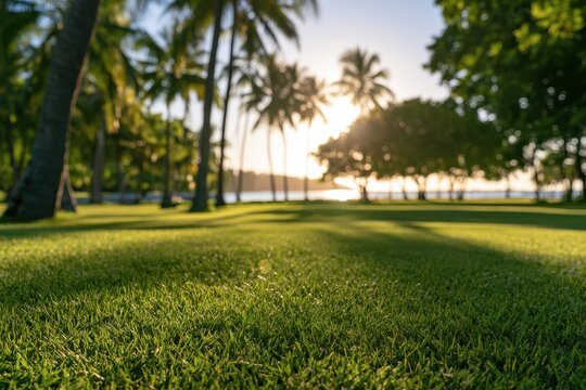 Green park by the beach with tropical palm trees and dreamy bokeh background