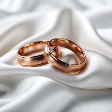 Two elegant rose gold wedding bands resting on smooth white satin fabric symbolizing commitment and eternal love in a close-up romantic setting