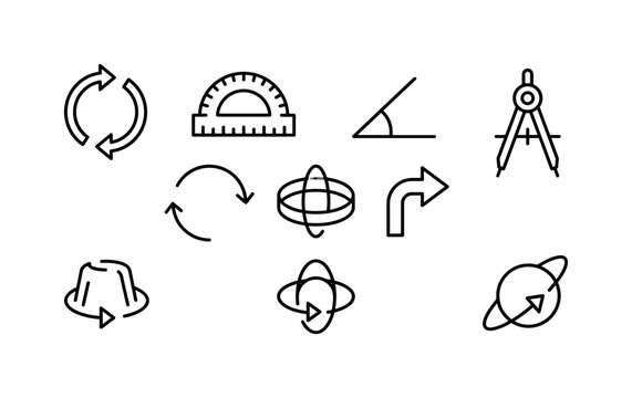 Rotation Geometry Controls, line icon set featuring circular arrows, protractor, angle arc, geometry compass, axis ring, turn indicator, rotate control, product spin symbol and orbit arrow, covering