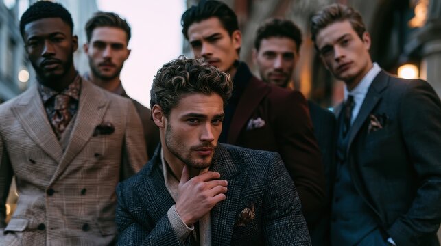 Group of handsome, elegant young men in stylish outfits posing together in an urban setting