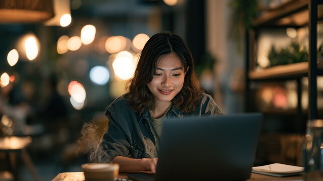 Happy cafe moment: woman typing on a laptop beside a latte in a sunlit coffee shop