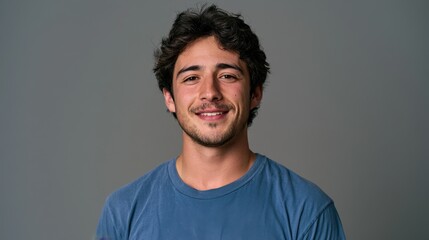 Obraz premium Head-and-shoulders portrait of a handsome young man with a bright smile in a blue shirt