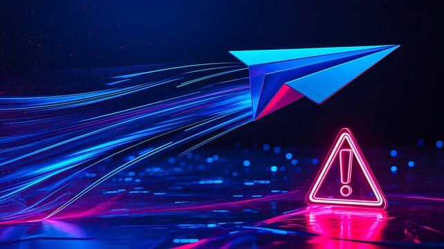Digital communication concept showing a fast paper plane moving toward a warning signal
